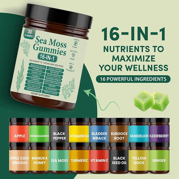 Sea Moss Gummies 16-in-1 - Ashwagandha Black Seed Oil Bladder Wrack Turmeric Vitamin C & D3 with Manuka Apple Cider Vinegar