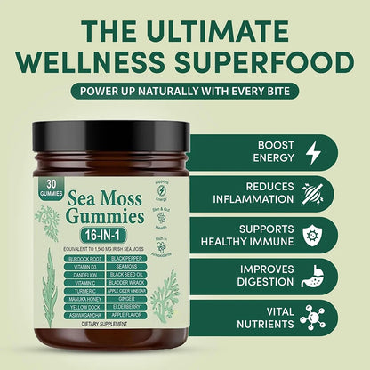 Sea Moss Gummies 16-in-1 - Ashwagandha Black Seed Oil Bladder Wrack Turmeric Vitamin C & D3 with Manuka Apple Cider Vinegar