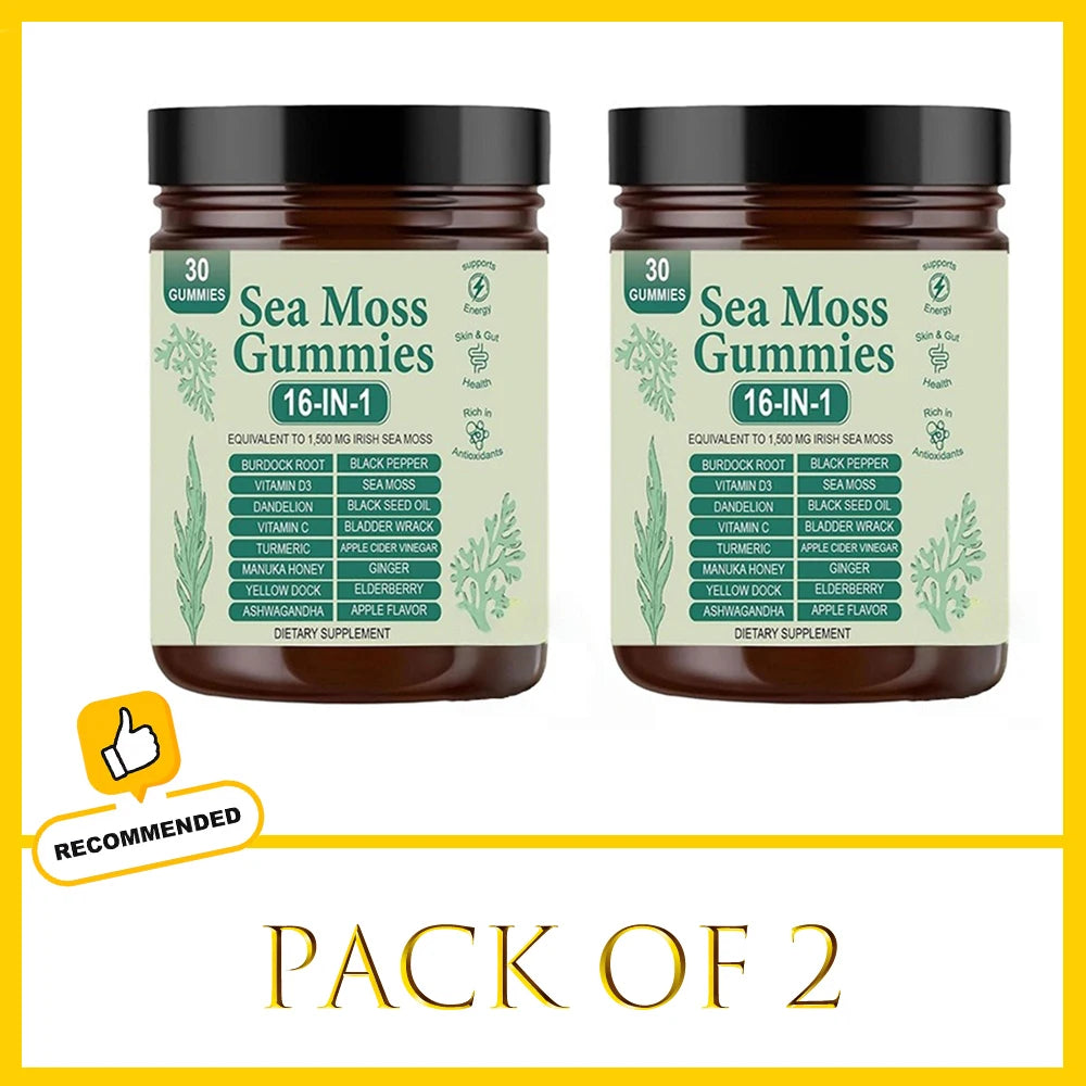 Sea Moss Gummies 16-in-1 - Ashwagandha Black Seed Oil Bladder Wrack Turmeric Vitamin C & D3 with Manuka Apple Cider Vinegar