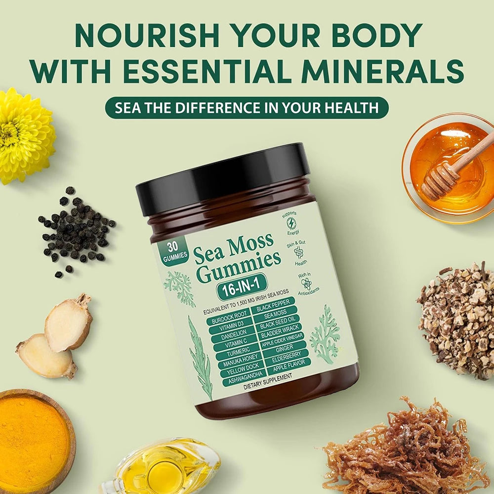 Sea Moss Gummies 16-in-1 - Ashwagandha Black Seed Oil Bladder Wrack Turmeric Vitamin C & D3 with Manuka Apple Cider Vinegar